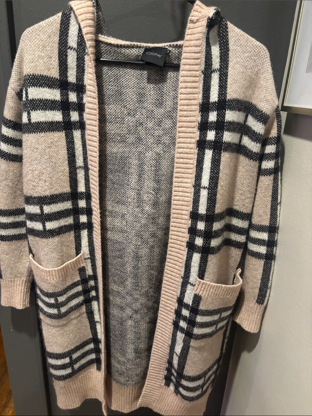 Cliché Beige Plaid Open-Front Cardigan with Pockets